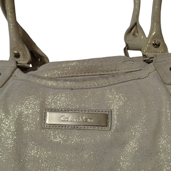 Suede Leather Metallic Cream Gold Speckled Calvin Klein Shoulder Bag Top Handle - Picture 10 of 10